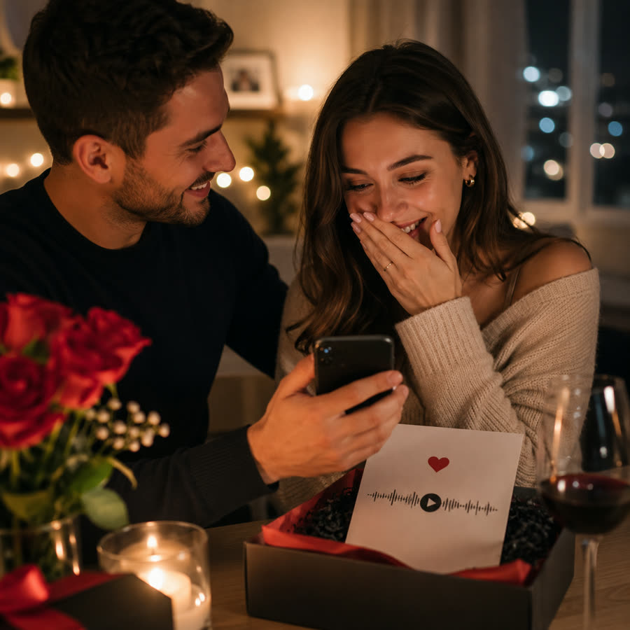Kobieta wzruszona romantyczną piosenką otrzymaną jako prezent.